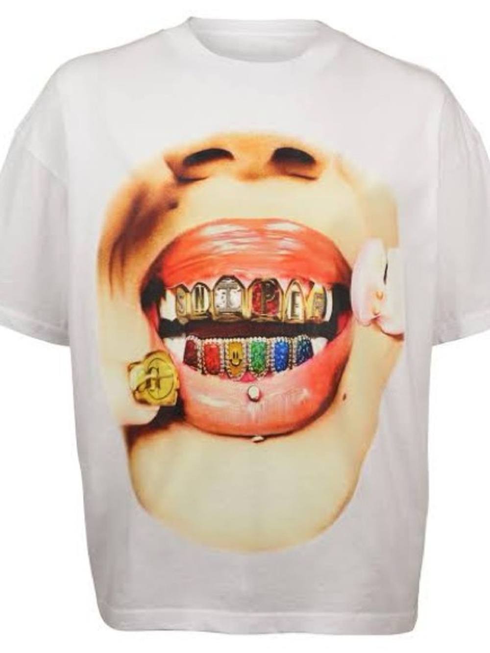 White Graphic Tee with Colorful Grill Design